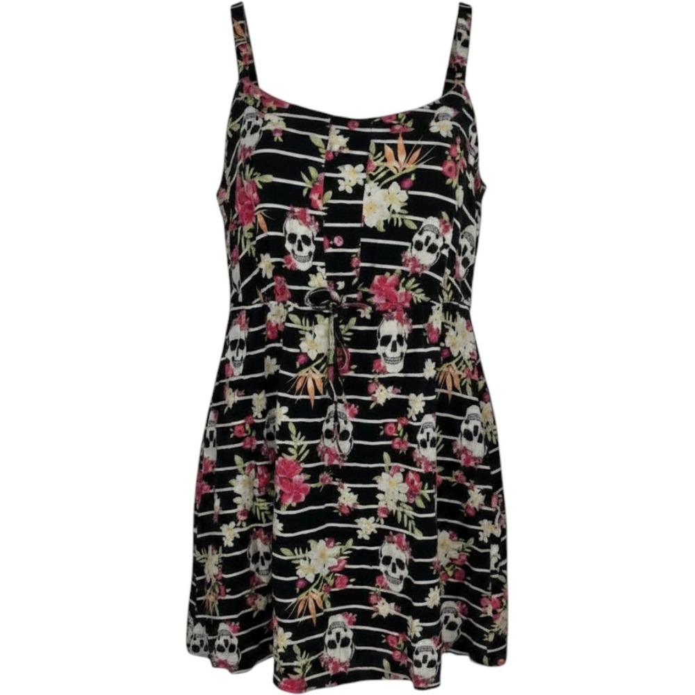 Hot Topic Vintage Floral Skull Striped Mini Dress Y2K Small Pockets Goth Punk